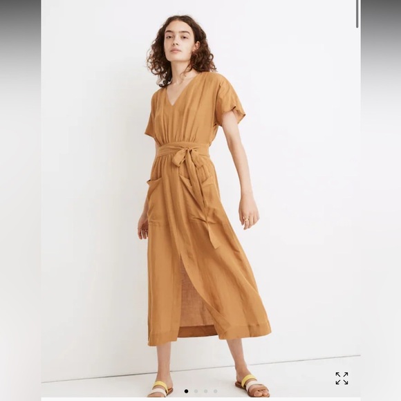 Madewell Mustard Linen-Blend Dolman Sleeve Tie-Waist Midi Dress — Size 8 - Picture 1 of 8